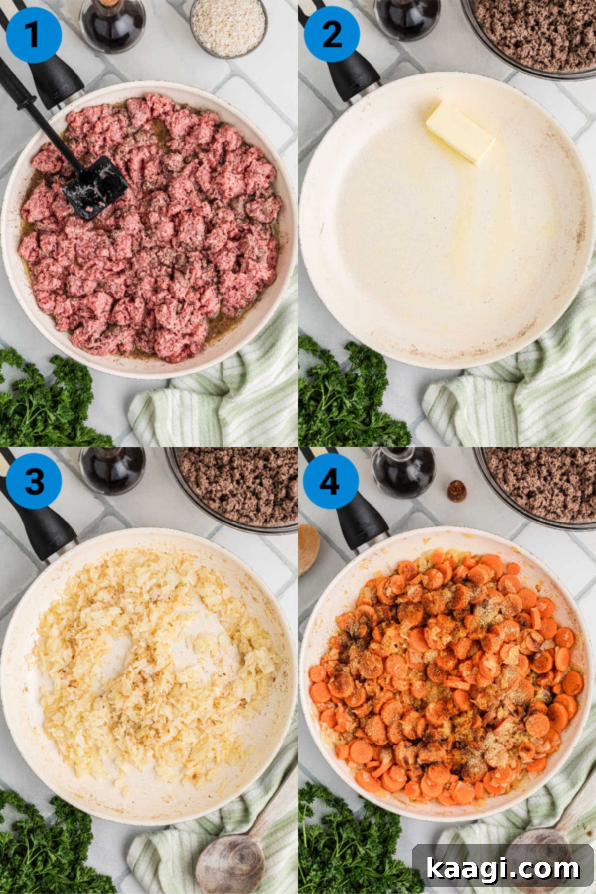 A collage of four images showing the initial steps of making crock pot carrots and ground meat: browning beef, melting butter, cooking onions, and adding carrots with seasoning.