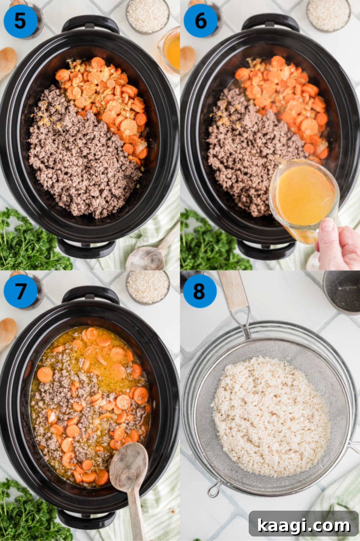Collage of four images showing mid-cooking steps for crock pot carrots and ground meat: combining ingredients in the slow cooker, adding broth, stirring, and rinsing rice.