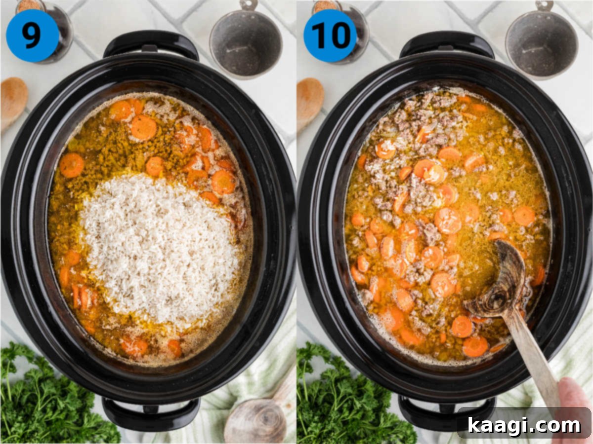 Collage of two images showing the final steps of making crock pot carrot and ground meat: adding rice to the slow cooker and the finished dish served.