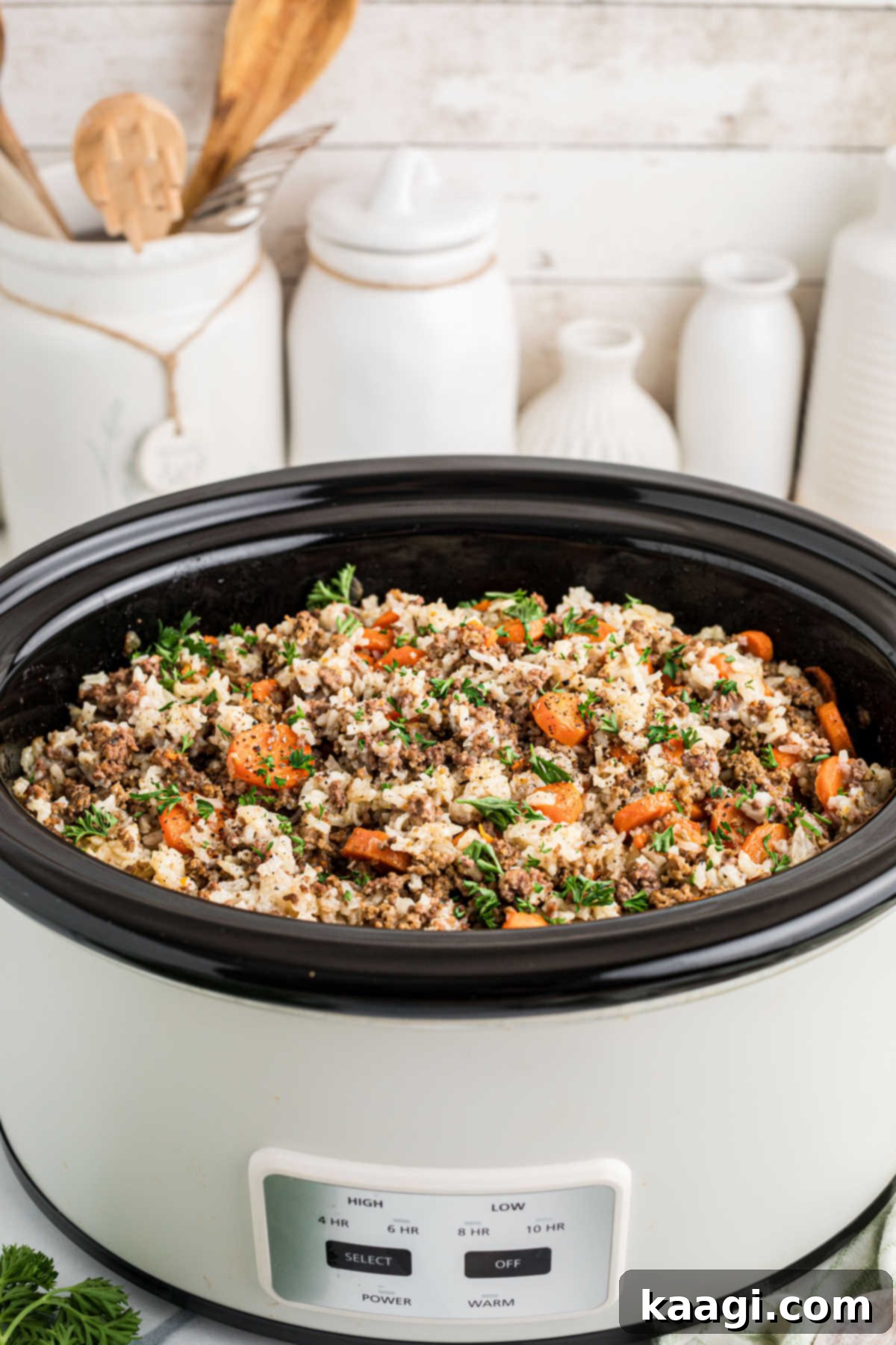 Front shot of a crock pot with carrots and ground meat sprinkled with parsley, ready to be served.