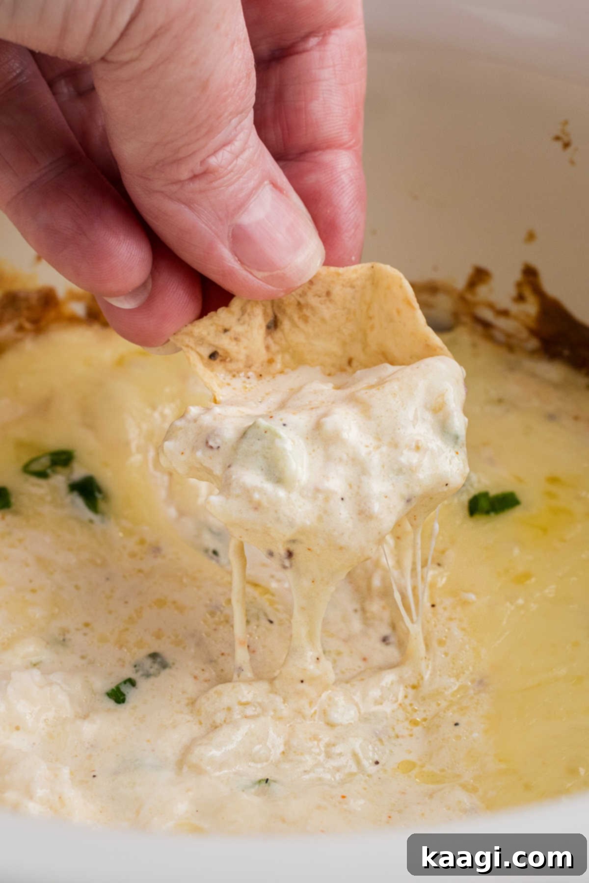 Close up of a chip being dipped into slow cooker hot crab dip, showing its creamy texture and rich color.