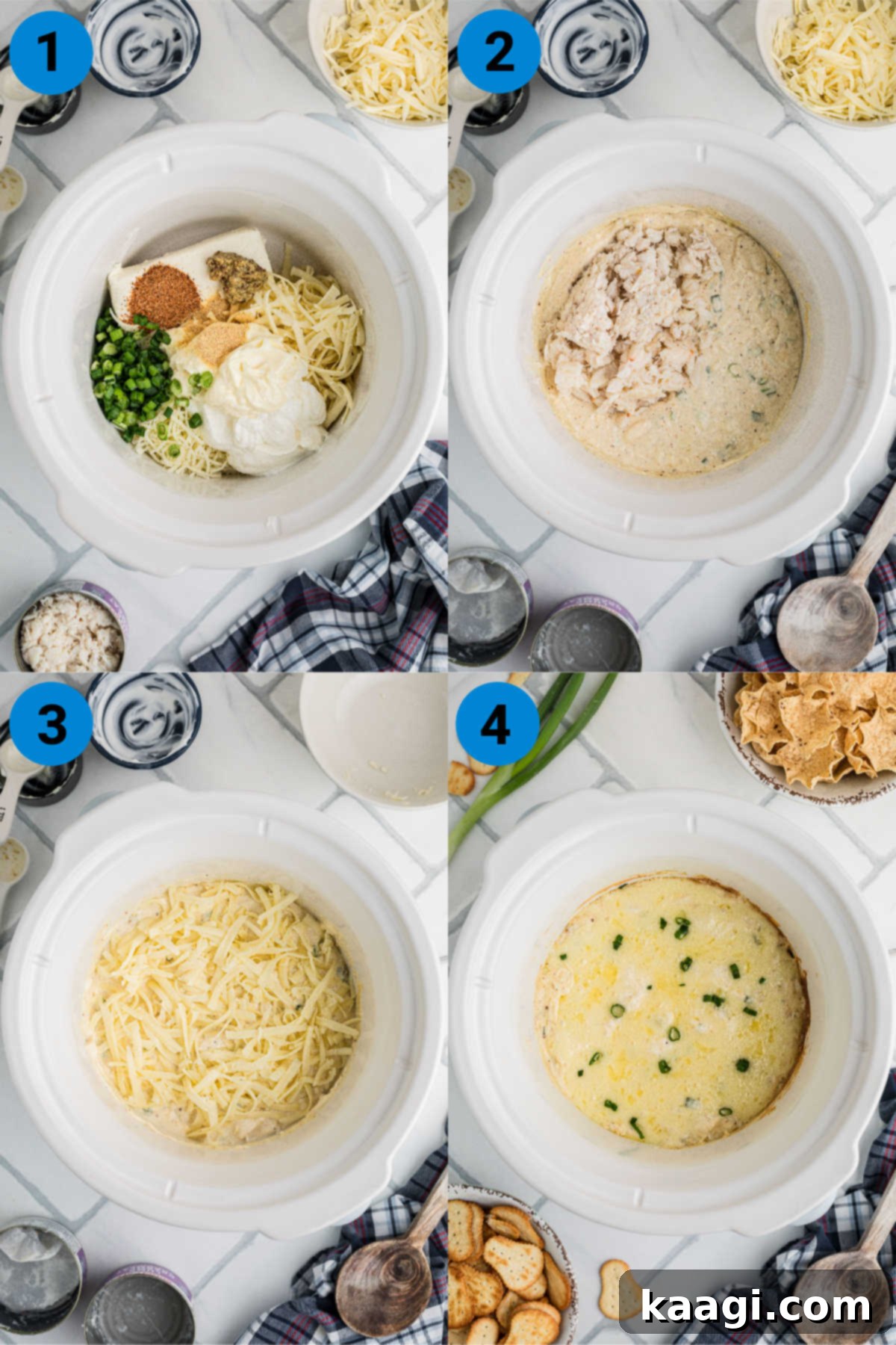 A collage of four images demonstrating the process of making hot crab dip in a slow cooker, from mixing ingredients to the final garnished dip.