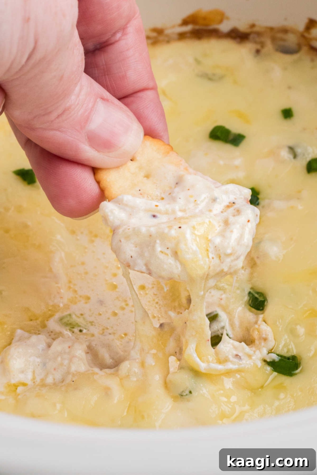 Close up of a cracker being dipped into hot crab dip, made in the slow cooker, emphasizing its inviting texture.