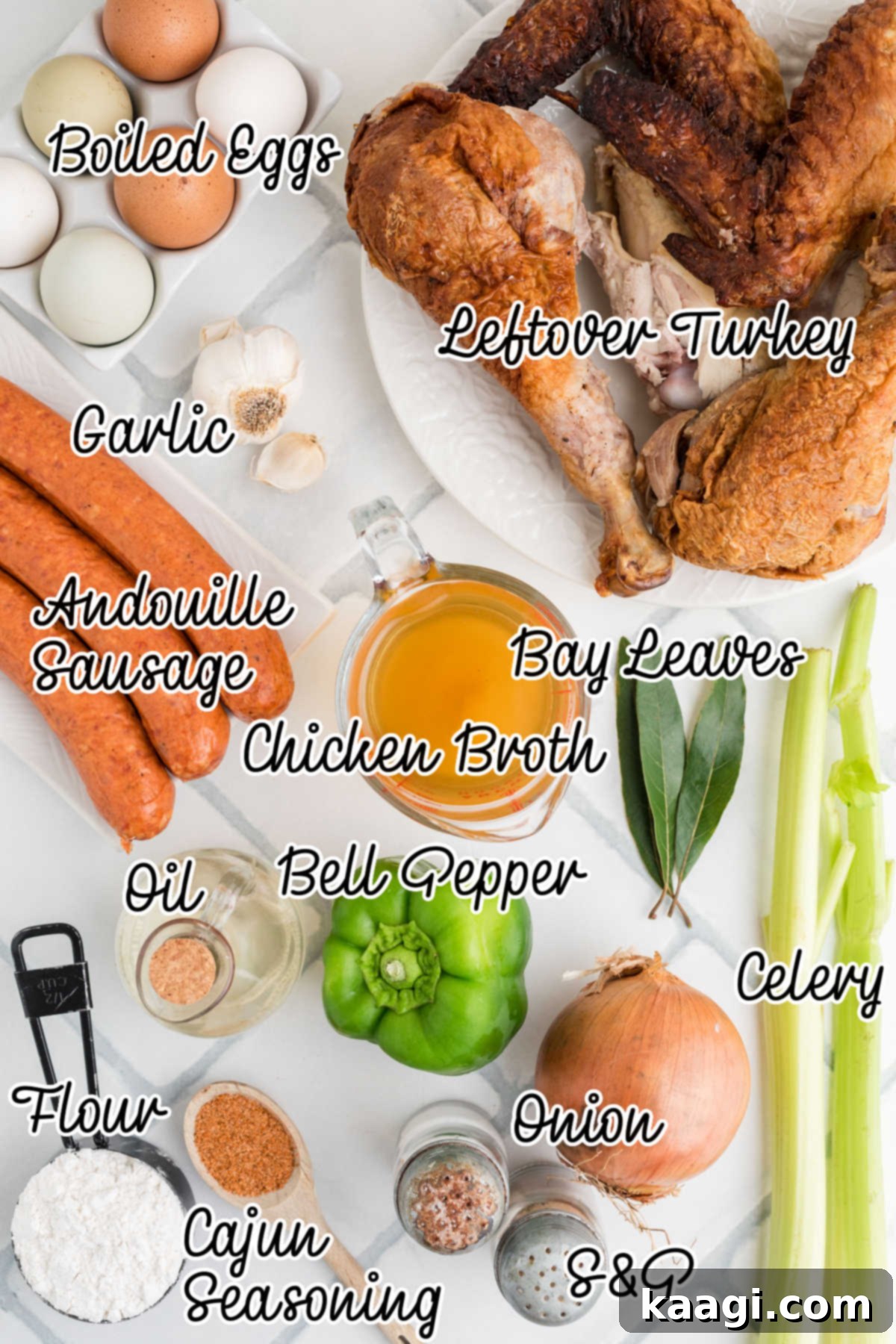 A flat lay image showing all the ingredients neatly arranged for making a leftover turkey and andouille sausage gumbo.