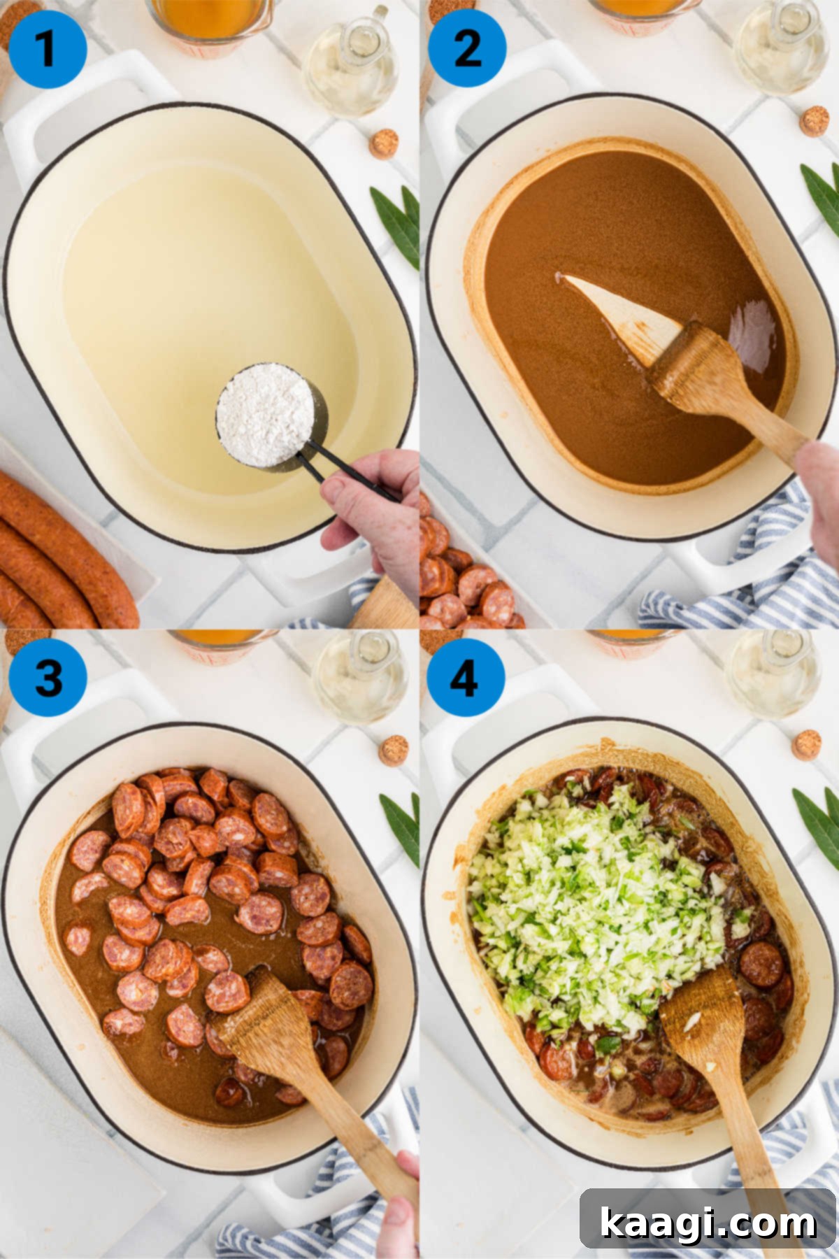A collage of four images demonstrating the initial steps of making a turkey and sausage gumbo: heating oil, making a roux, adding sausage, and then vegetables.
