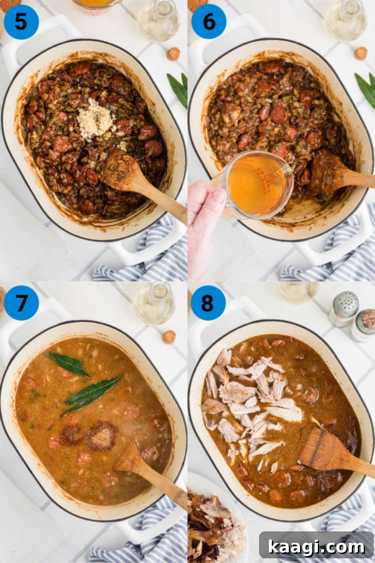 A collage of four images illustrating the later stages of cooking turkey and andouille gumbo: adding garlic, pouring in broth, simmering with bay leaves, and finally adding turkey and eggs.