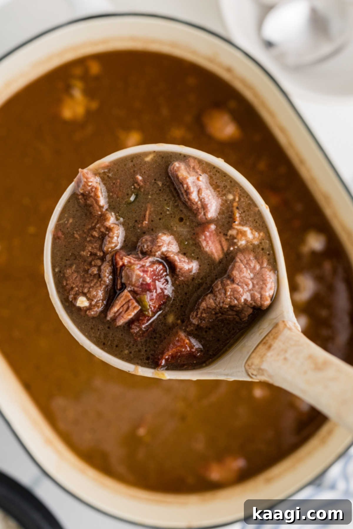 Soulful Southern Beef Gumbo 2 Overhead shot of a pot of beef gumbo with a ladle spooning some out.