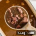 Soulful Southern Beef Gumbo 15 An overhead image of a pot of beef gumbo with a ladle spooning some out.