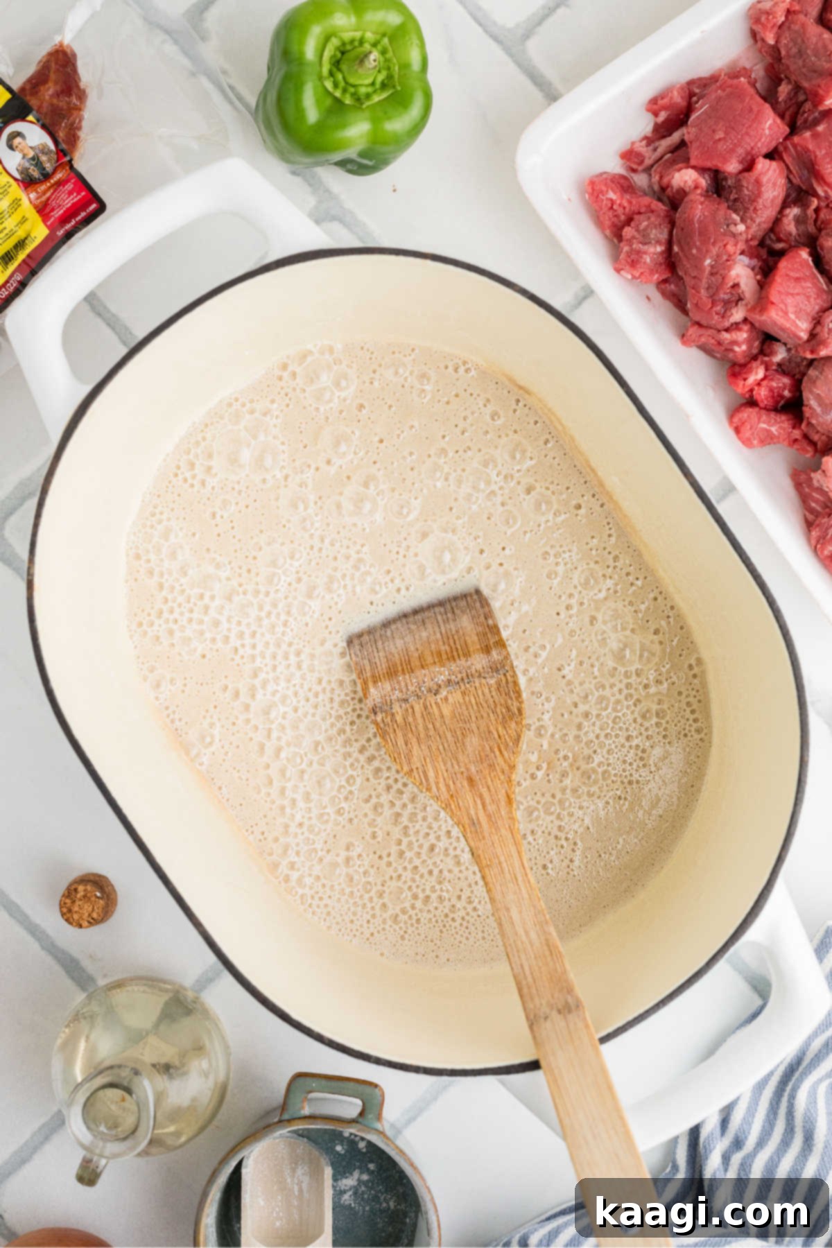 Soulful Southern Beef Gumbo 4 A large Dutch Oven with oil and flour cooking.
