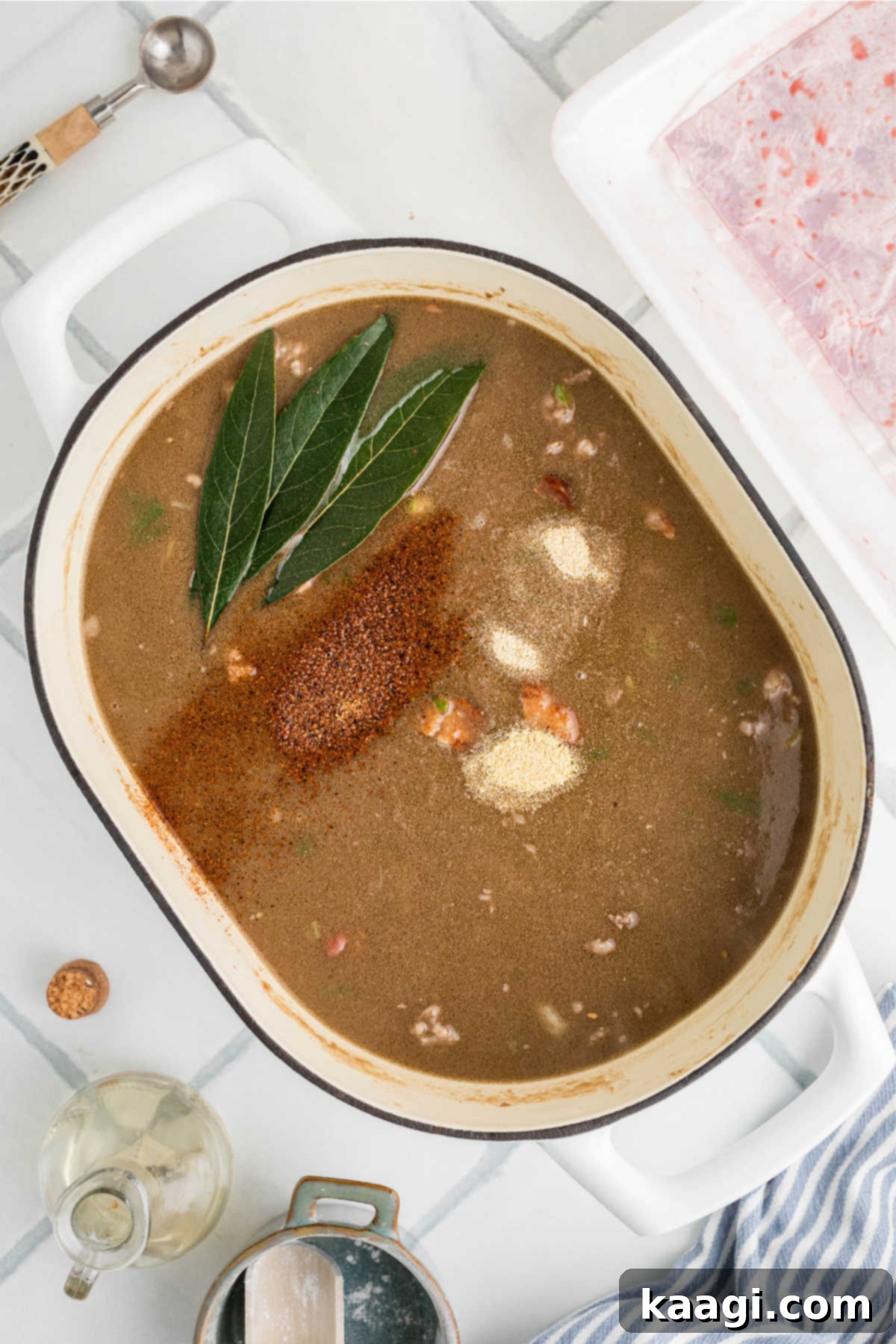 Soulful Southern Beef Gumbo 10 Seasonings and other ingredients added to a pot of gumbo.