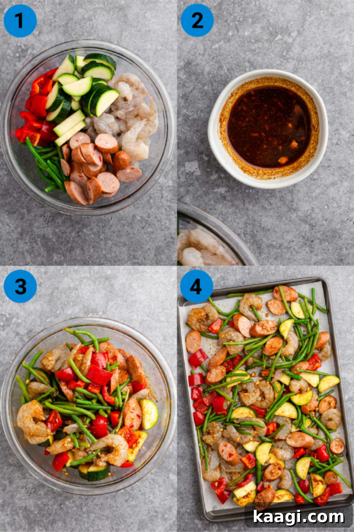 A collage of four images showing how to make a sheet pan Cajun shrimp and sausage dish.