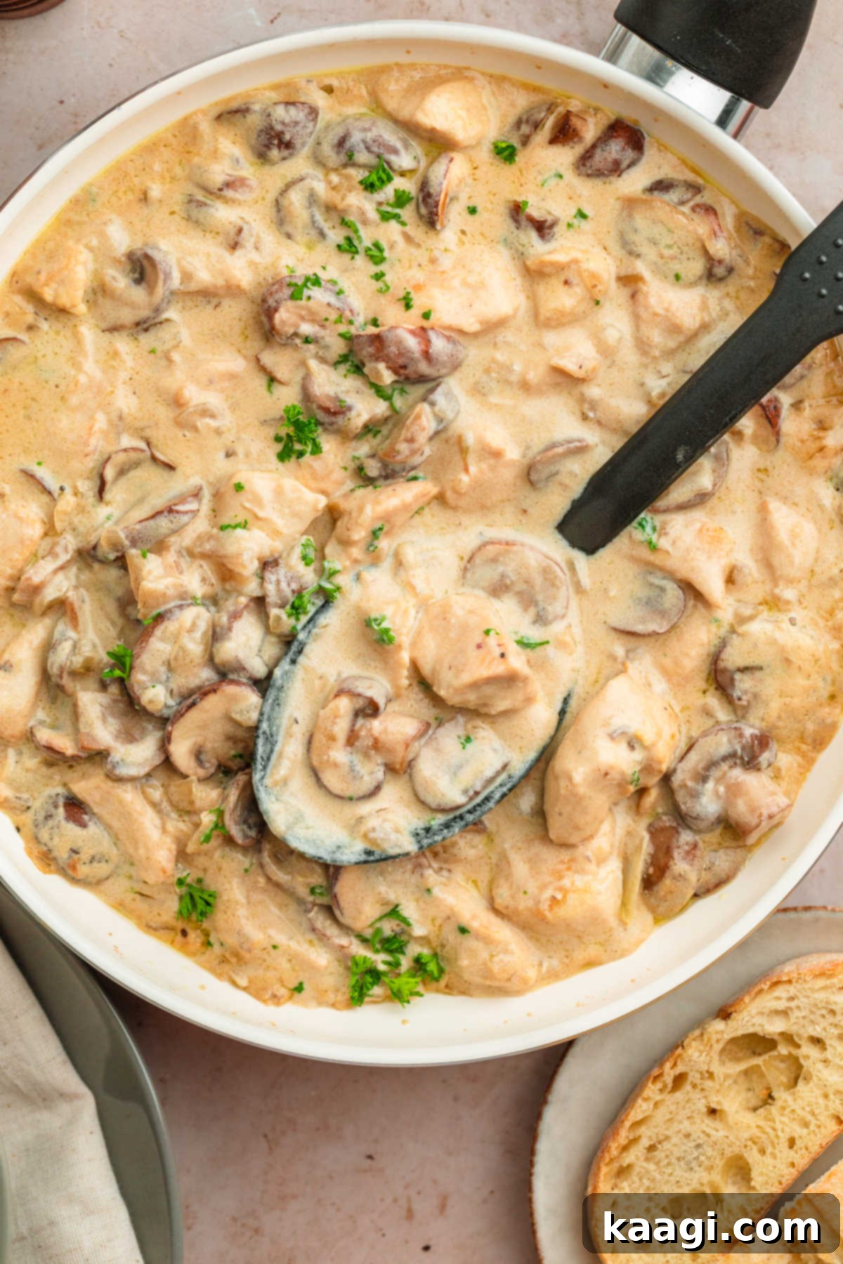 Louisiana Chicken Stroganoff 2 A skillet of Cajun chicken stroganoff, with a spoon digging in.