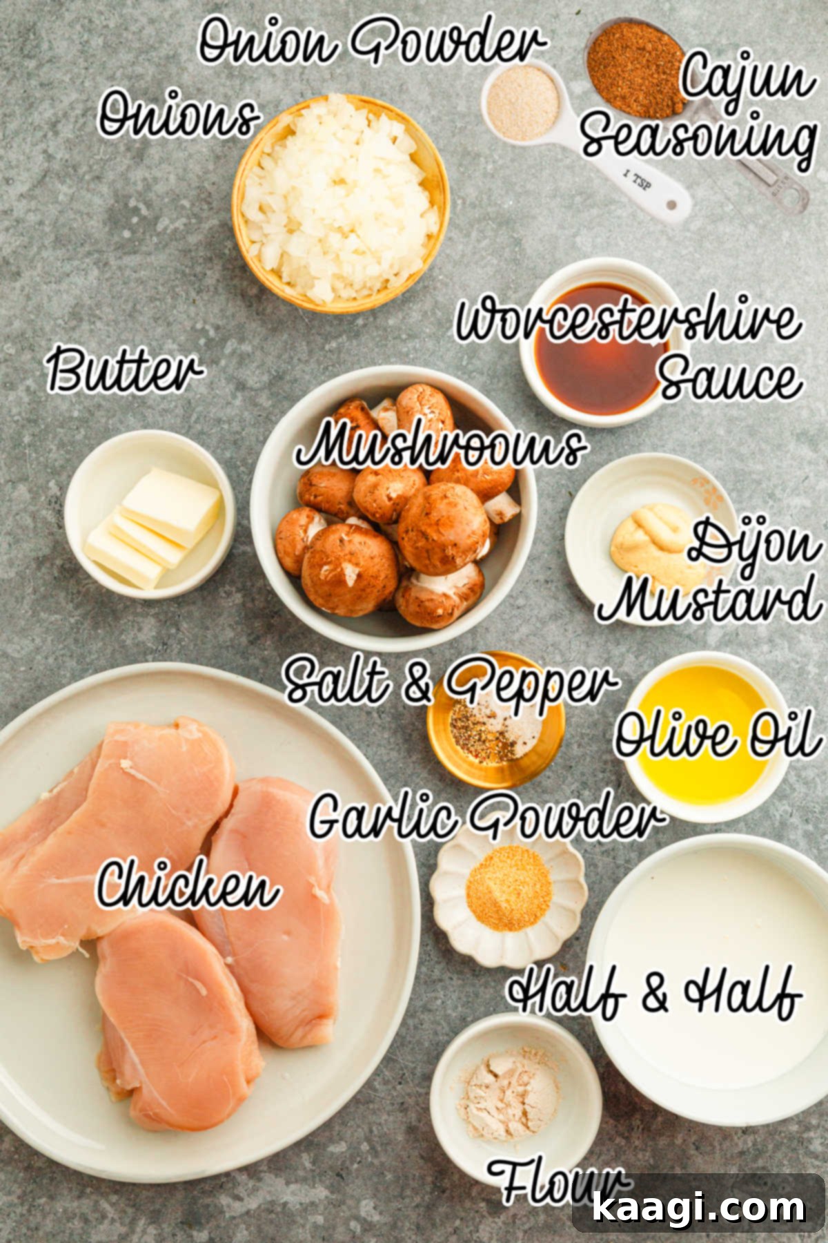 Louisiana Chicken Stroganoff 3 Overhead shot of ingredients needed to make a Cajun chicken stroganoff, with text overlay.