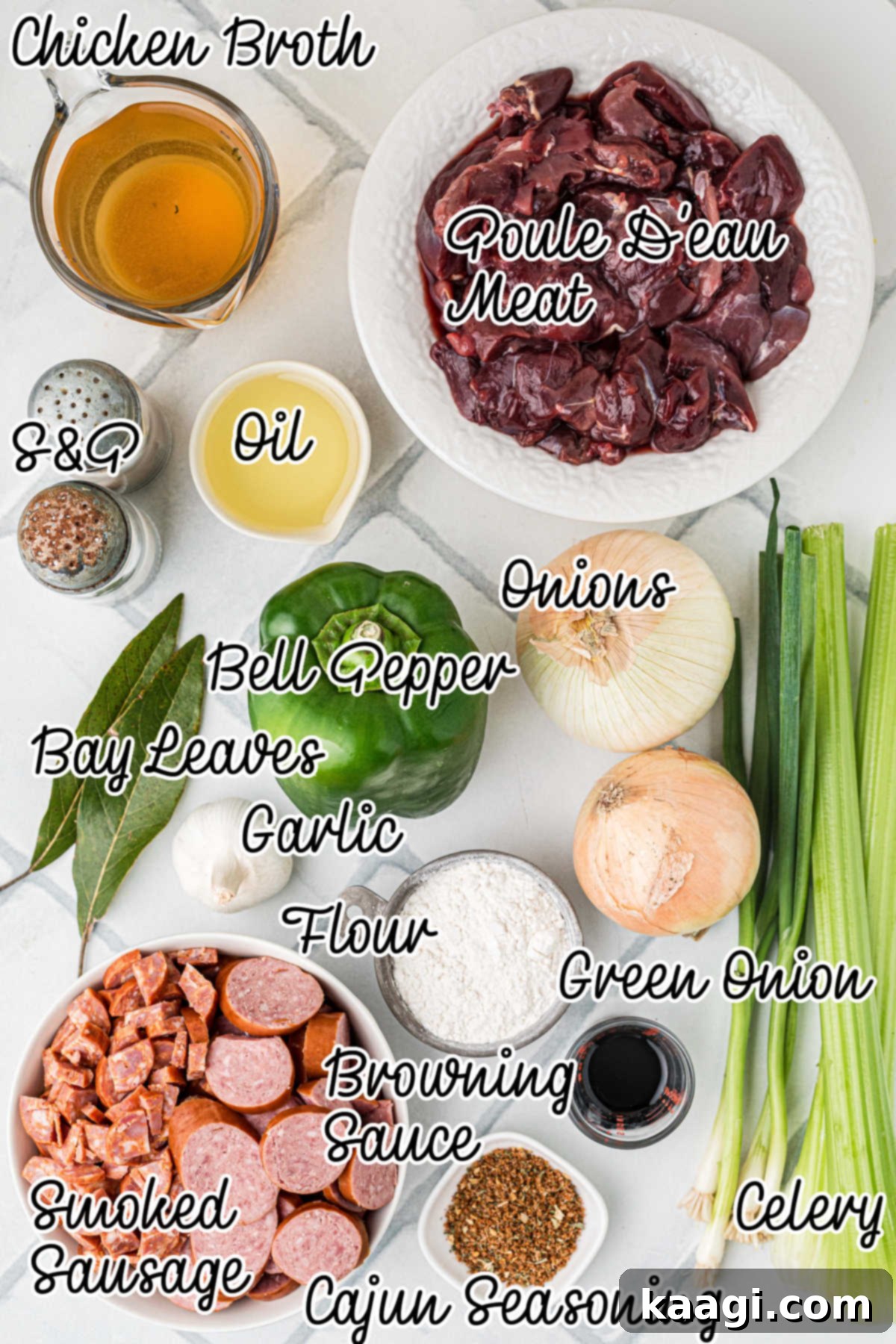 Swamp Hen Gumbo 3 A table with ingredients needed to make a poule d'eau gumbo, with text overlay, including coot meat, sausages, and the holy trinity.