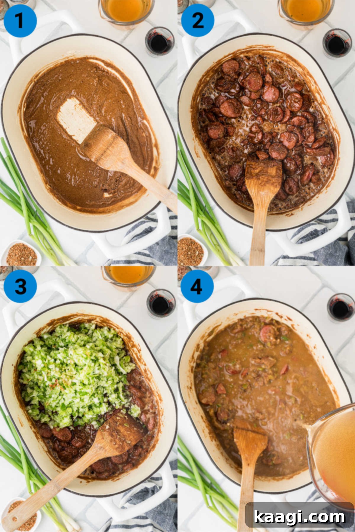 Swamp Hen Gumbo 4 A collage of four images showing how to make a poule d'eau gumbo recipe, steps 1-4, including seasoning the meat and making the roux.