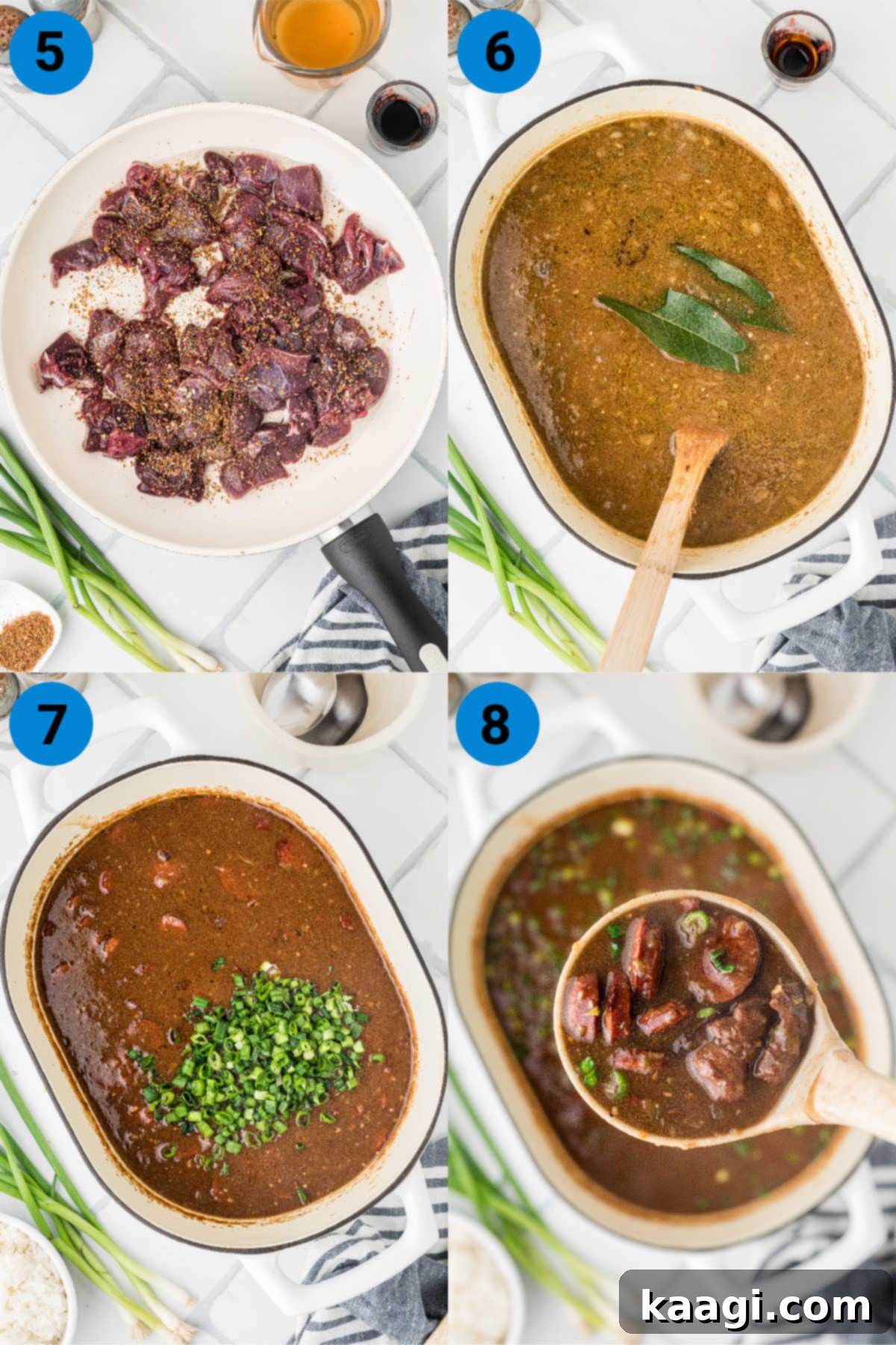 Swamp Hen Gumbo 5 A collage of four images showing how to make a coot gumbo, recipe steps 5-8, including browning the meat and simmering the gumbo.