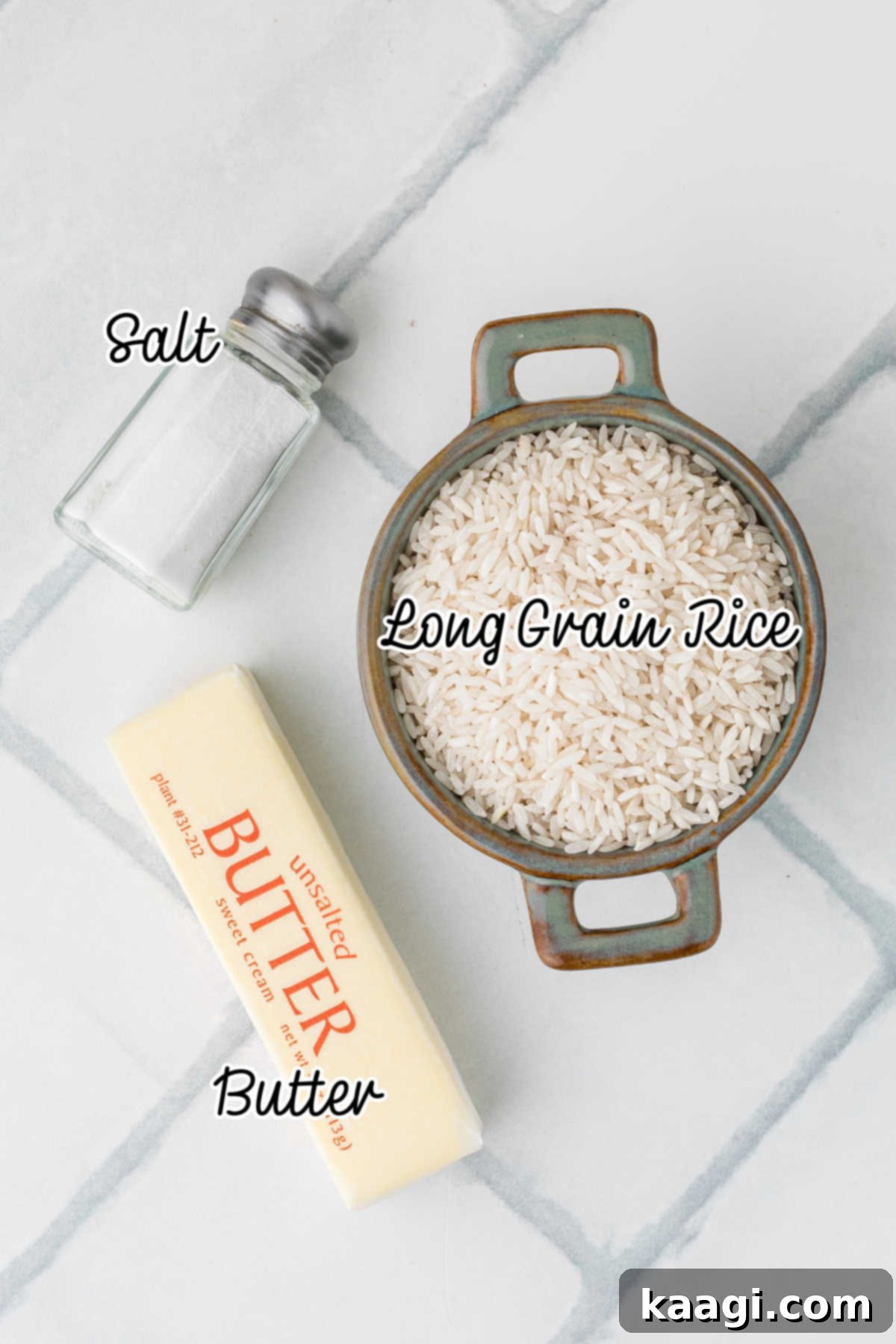 Ingredients to make the best fluffy white rice.