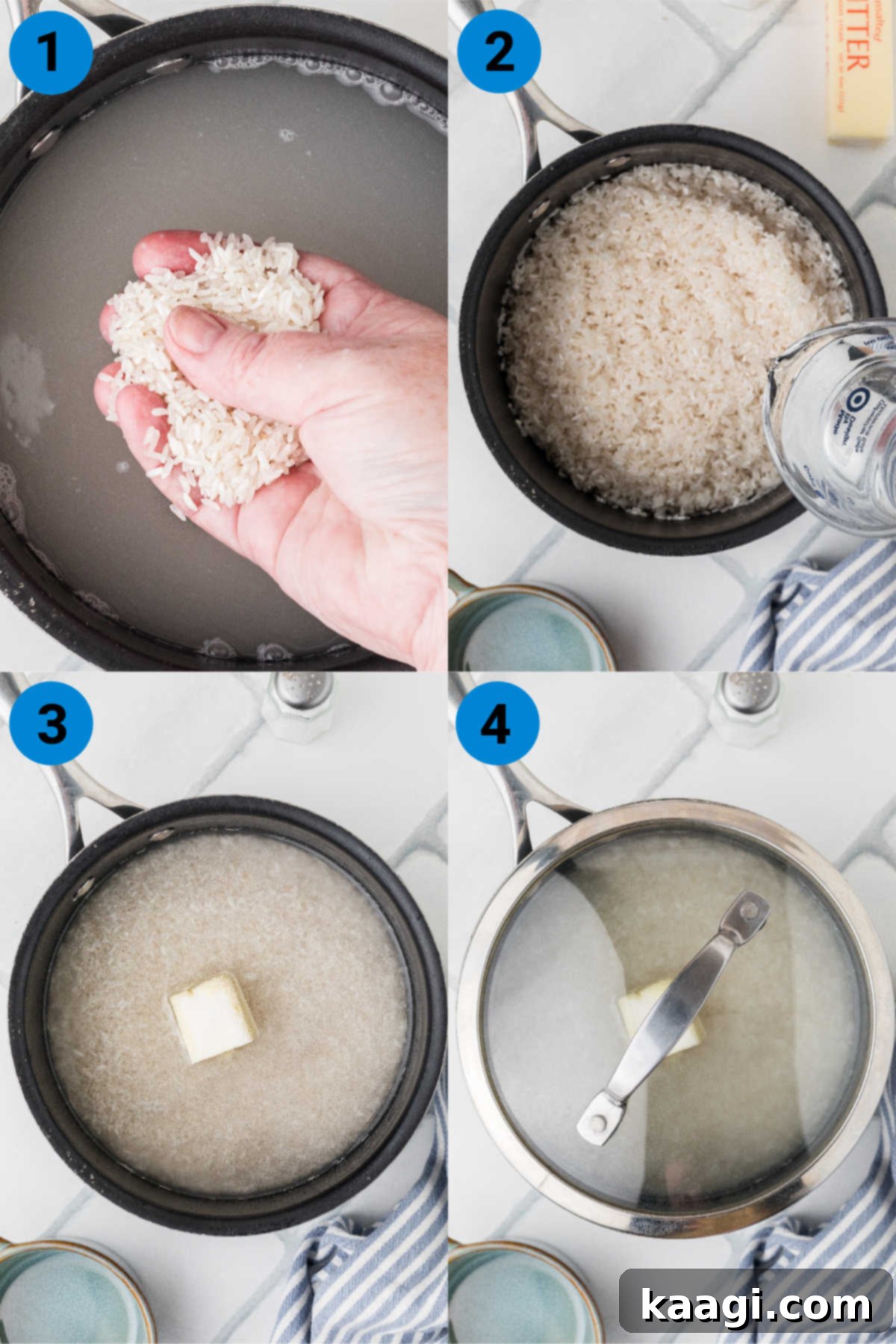 A collage of four images showing how to make perfectly cooked white rice, recipe steps 1-4.