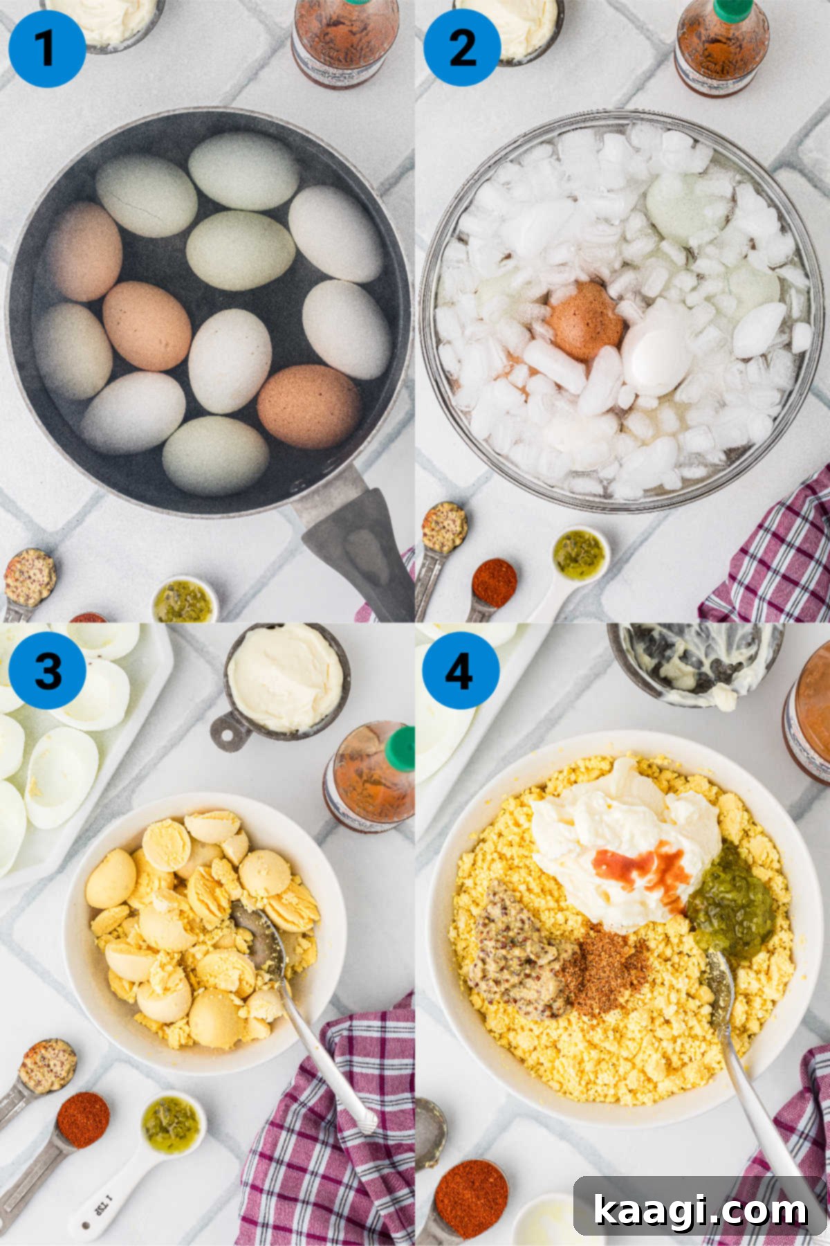 Fiery Cajun Deviled Eggs 4 A collage of four images showing how to make Cajun Deviled Eggs, recipe steps 1-4, including boiling eggs, peeling, cutting, and mixing yolks.