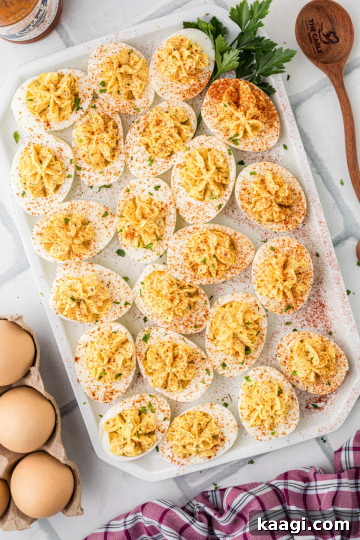 Fiery Cajun Deviled Eggs 6 An overhead shot of a plate of Cajun deviled eggs, ready to be served.