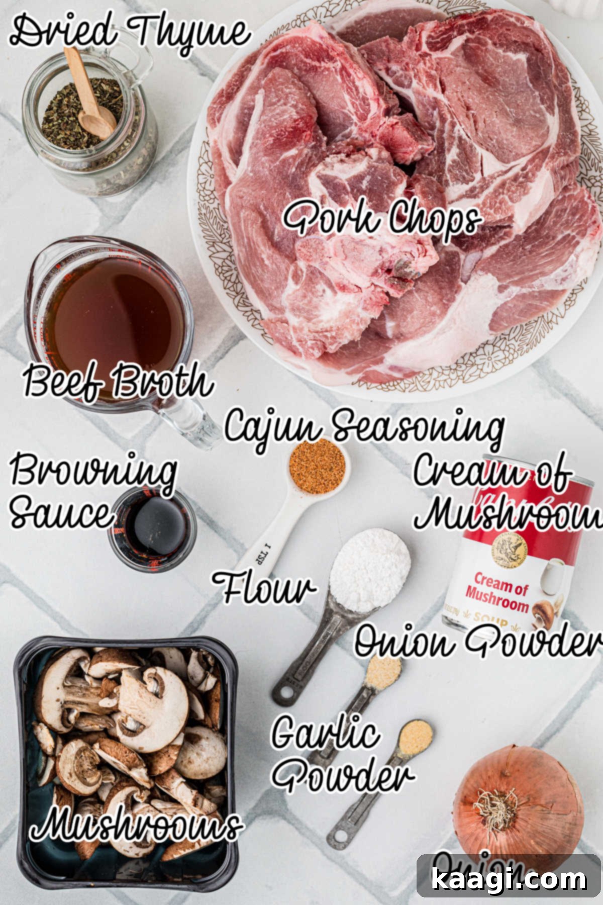 Ingredients needed to make a crock pot smothered pork chops recipe.