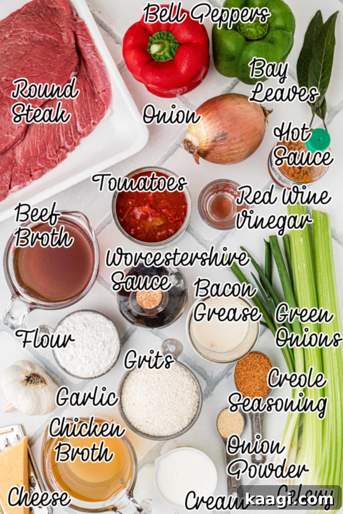Ingredients needed to make grillades and grits, all laid out with text overlay describing each ingredient.