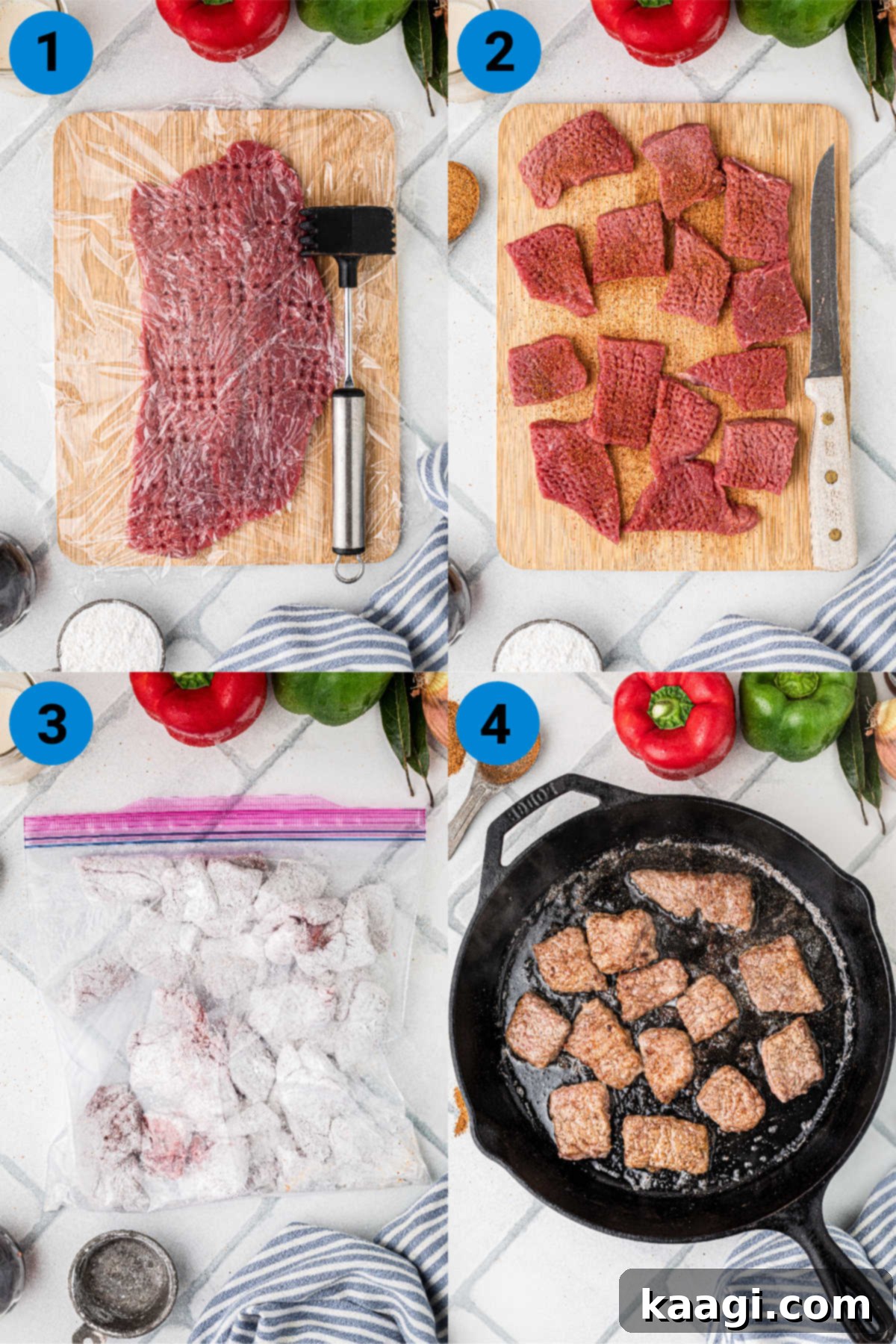 A collage of four instructional images showing how to make a grillades and grits recipe, steps 1-4.
