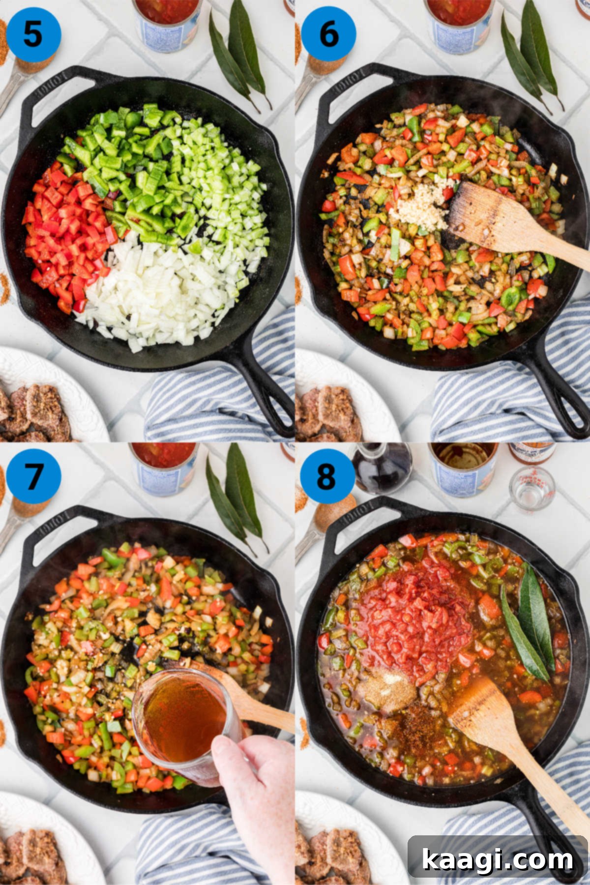 A collage of four instructional images showing how to make grits and grillades, steps 5-8.