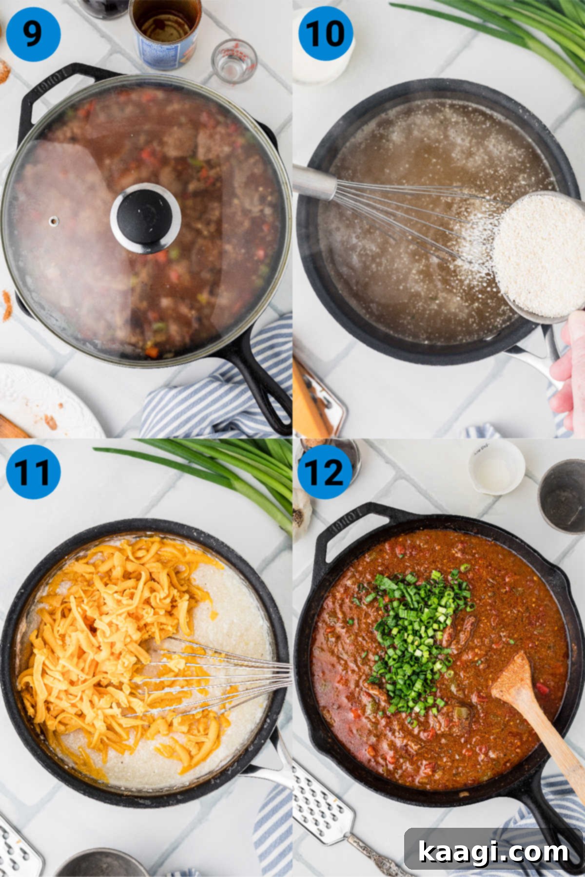 A collage of four instructional images showing how to make grillades and grits recipe, steps 9-12.