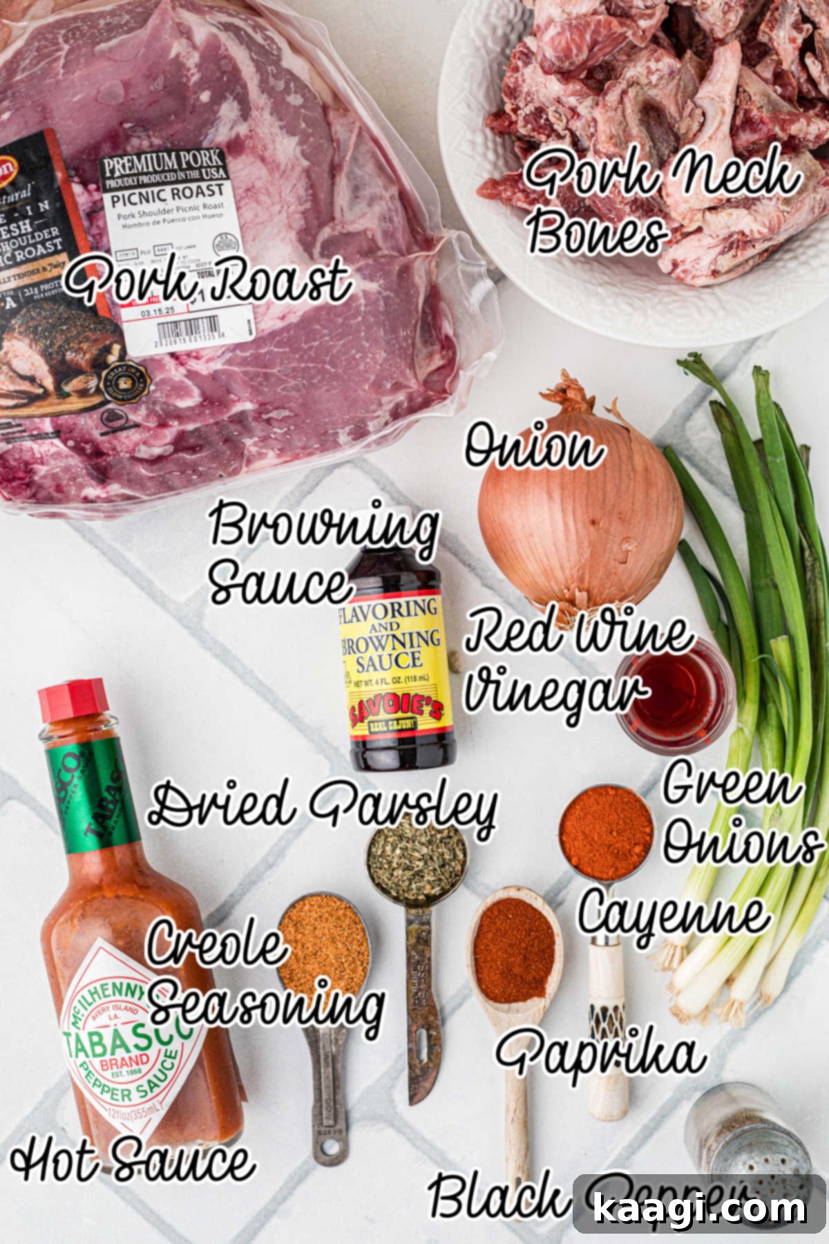 A vibrant flat lay of all the fresh ingredients required to make delicious mock hog head cheese, including pork, onions, and various spices.