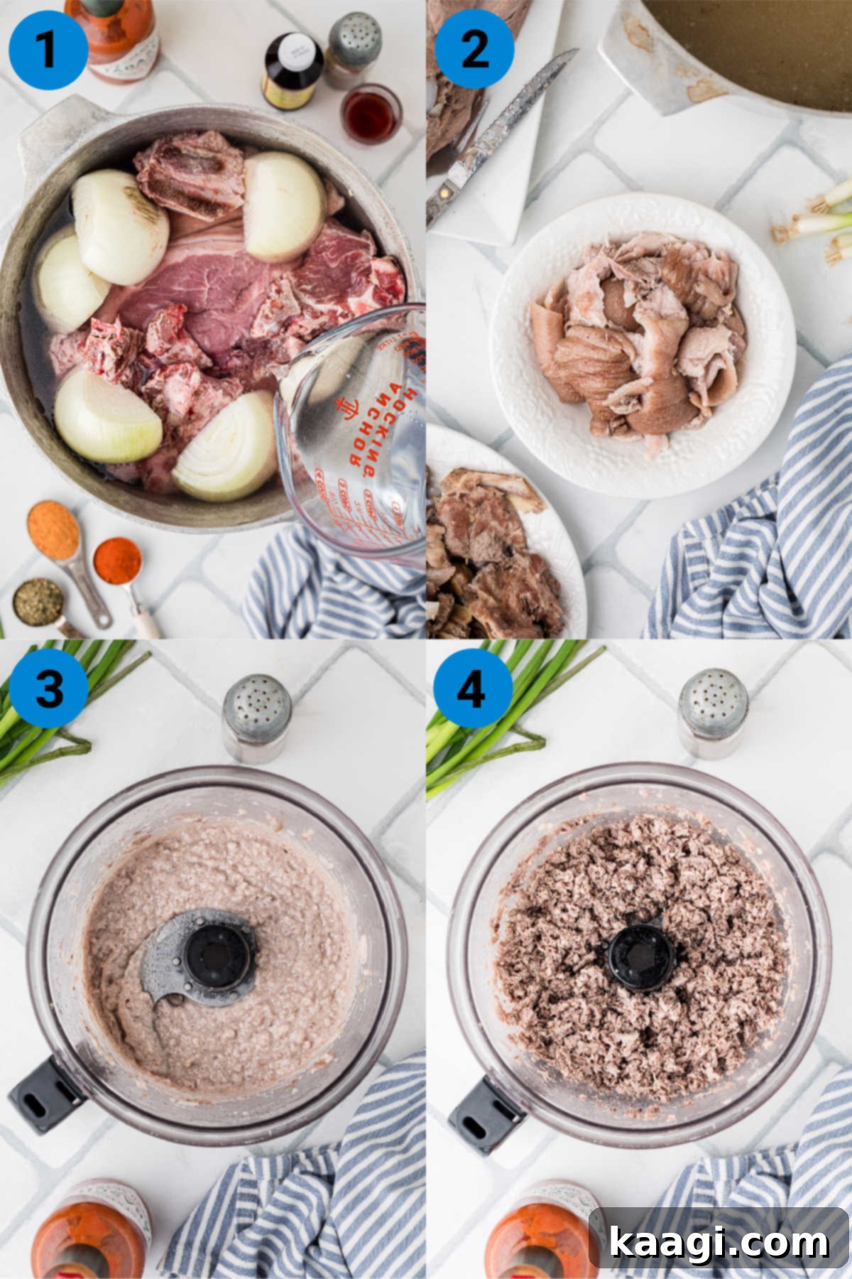 A four-panel collage showing the first steps of making mock hog head cheese: boiling pork, removing fat, liquifying skin, and chopping meat.