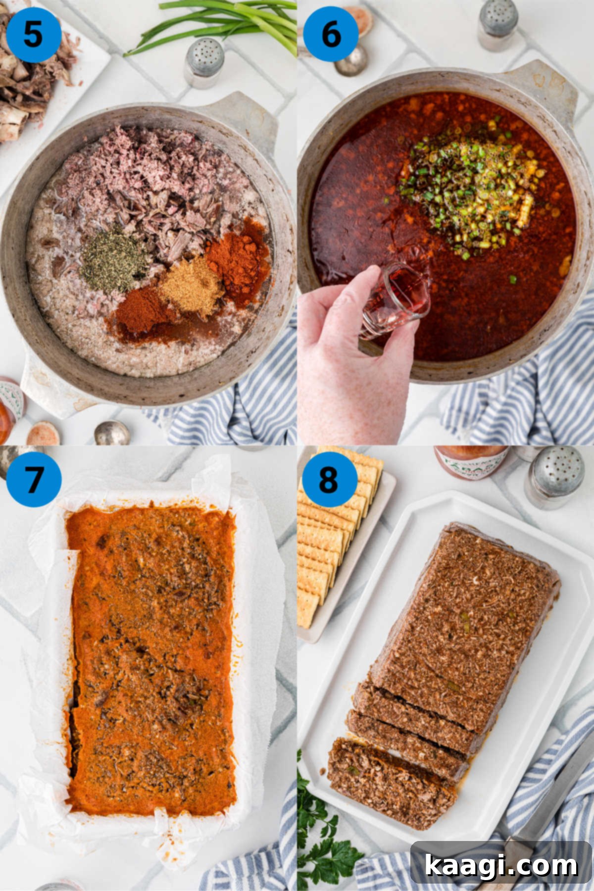 A four-panel collage showing the final steps of making mock hog head cheese: combining ingredients, simmering, lining loaf pans, and chilling overnight.