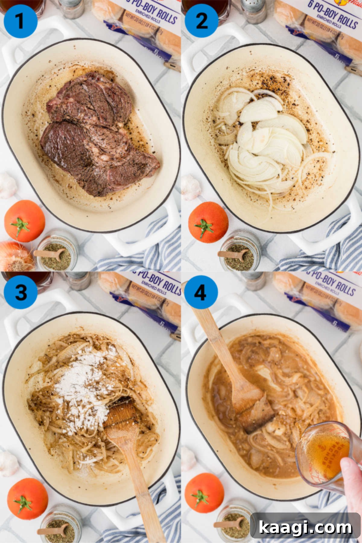 New Orleans Roast Beef Legend 4 A collage of four images showing how to make a savory roast beef po boy, recipe steps 1-4.