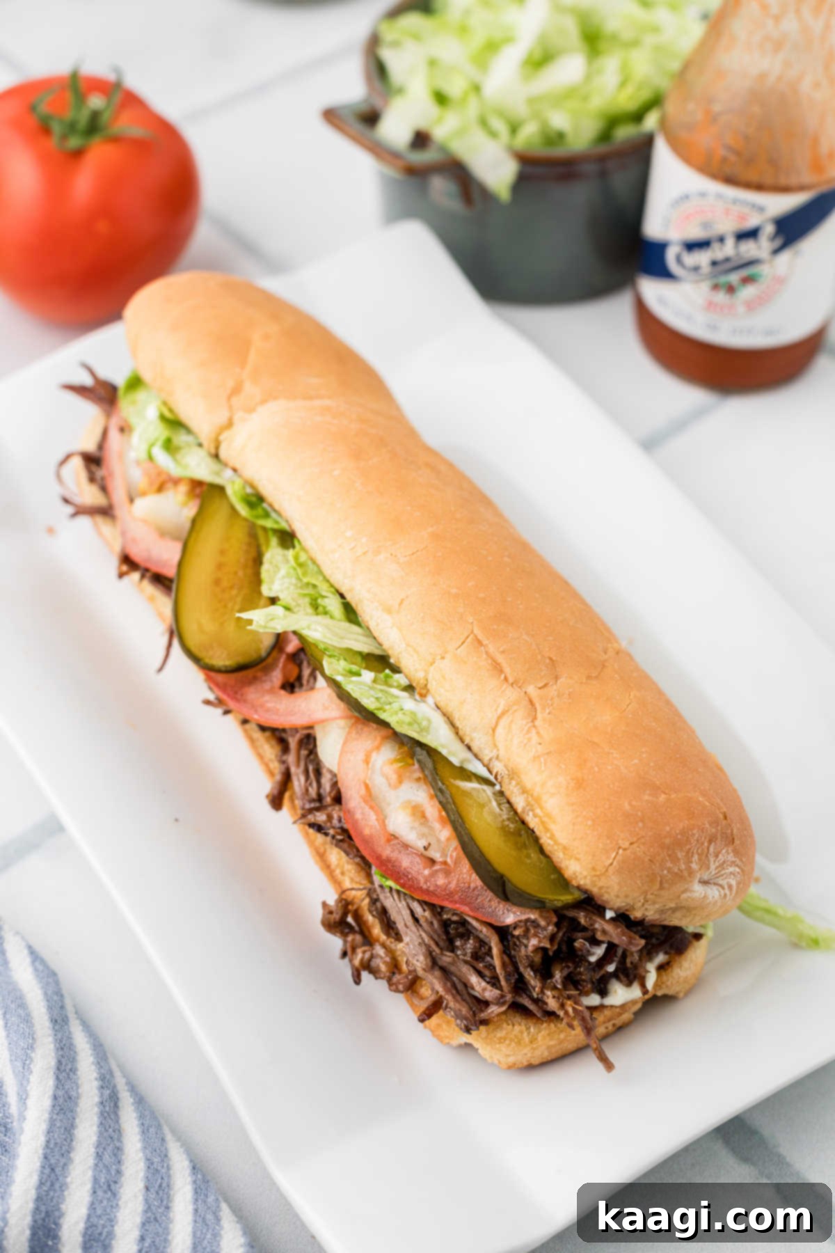 New Orleans Roast Beef Legend 7 An overhead shot of a dressed roast beef poboy.