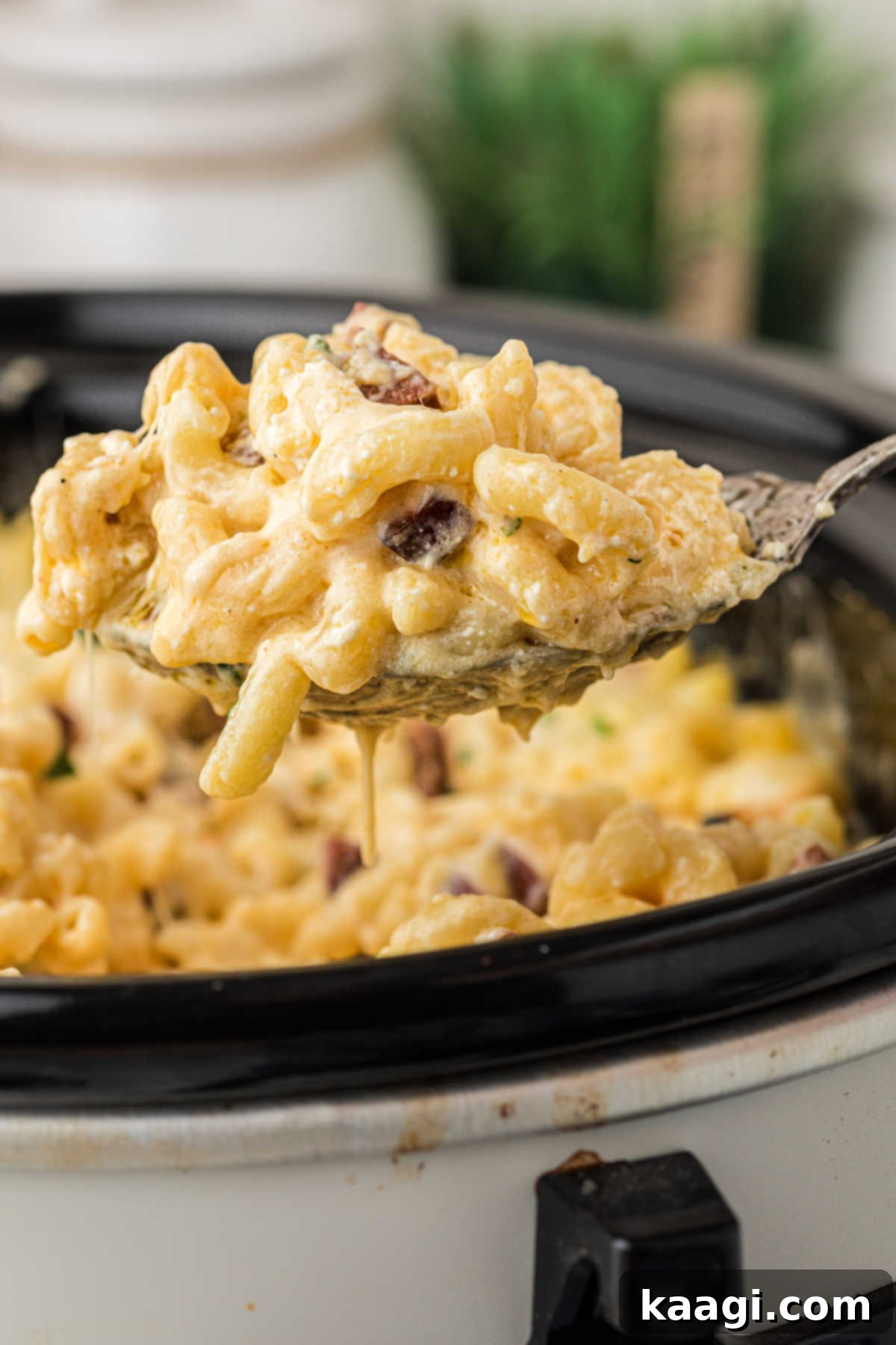 Close up of a spoon lifting some slow cooker Cajun mac and cheese, showing its cheesy, stringy texture.