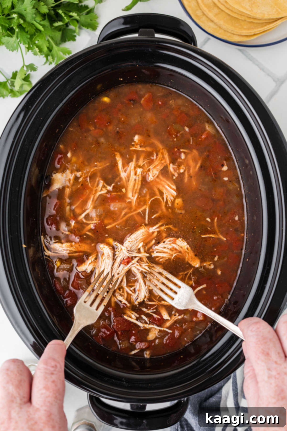 Two forks skillfully shredding tender chicken breast directly within the bubbling contents of the crock pot.