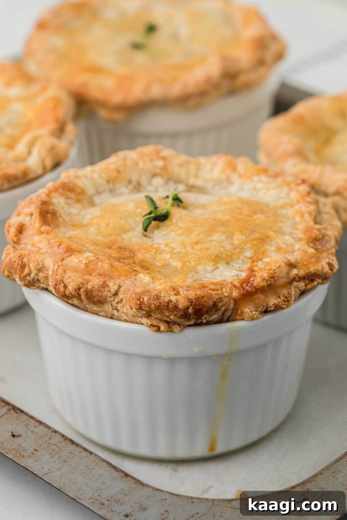 Comforting Mini Chicken Pot Pies 19 Close up of a mini chicken pot pie, made in a ramekin dish, showcasing its golden crust and delicious filling.