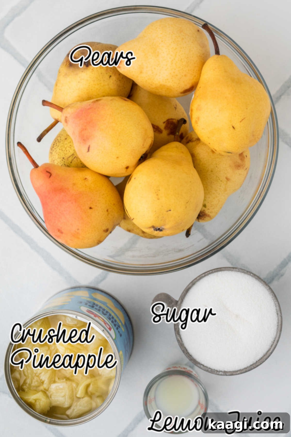 A few ingredients showing what is needed to make Amish Pear Honey: pears, pineapple, sugar, and lemon.