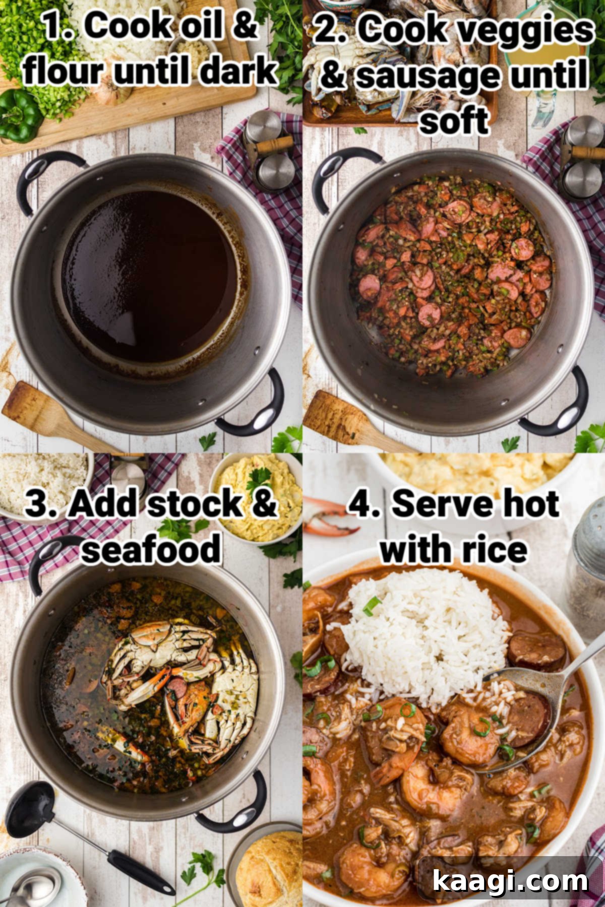 A series of four images demonstrating the step-by-step process of making Louisiana seafood gumbo, from sautéing vegetables to adding seafood.