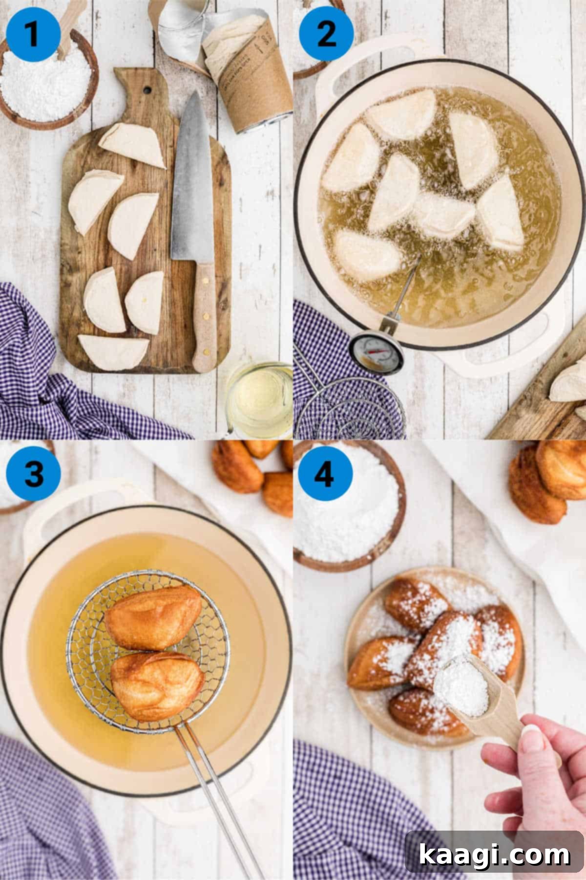 A visual collage showing the four simple recipe steps for making biscuit beignets: cutting the dough, frying in oil, draining on paper towel, and dusting with sugar.