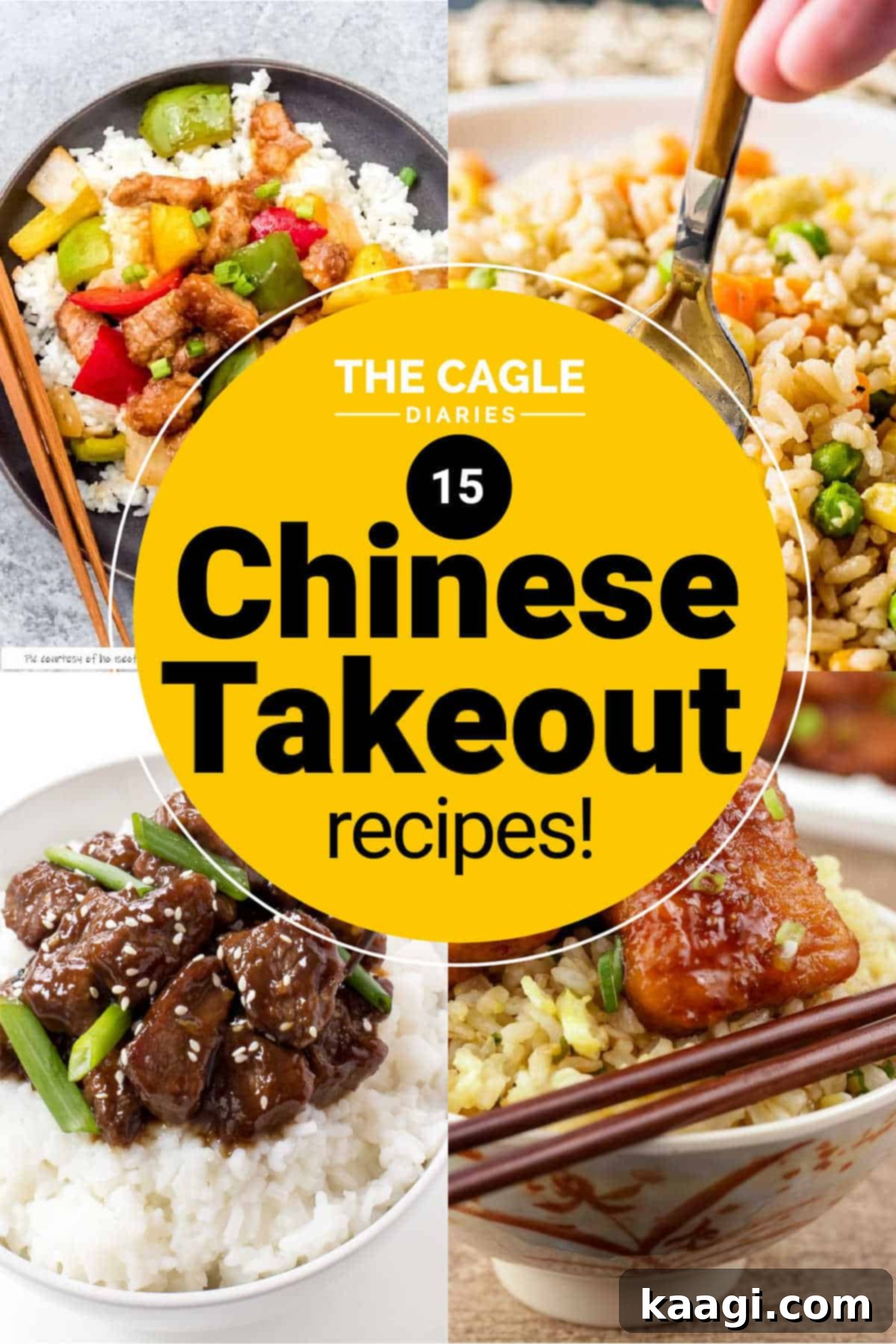 A collage featuring four appetizing Chinese dishes, including stir-fry, noodles, and soup, centered around the title '15 Real Chinese Recipes' in a circular design.