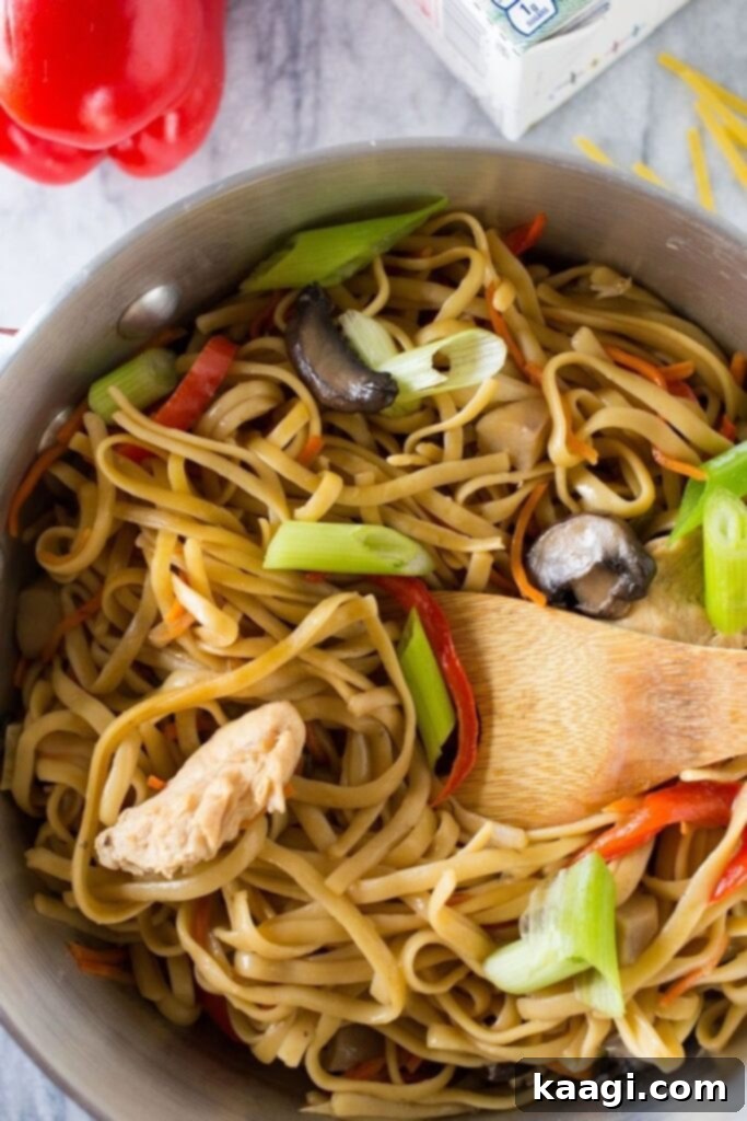 A large pan filled with savory Chicken Lo Mein noodles and colorful vegetables, being stirred with a wooden spoon.