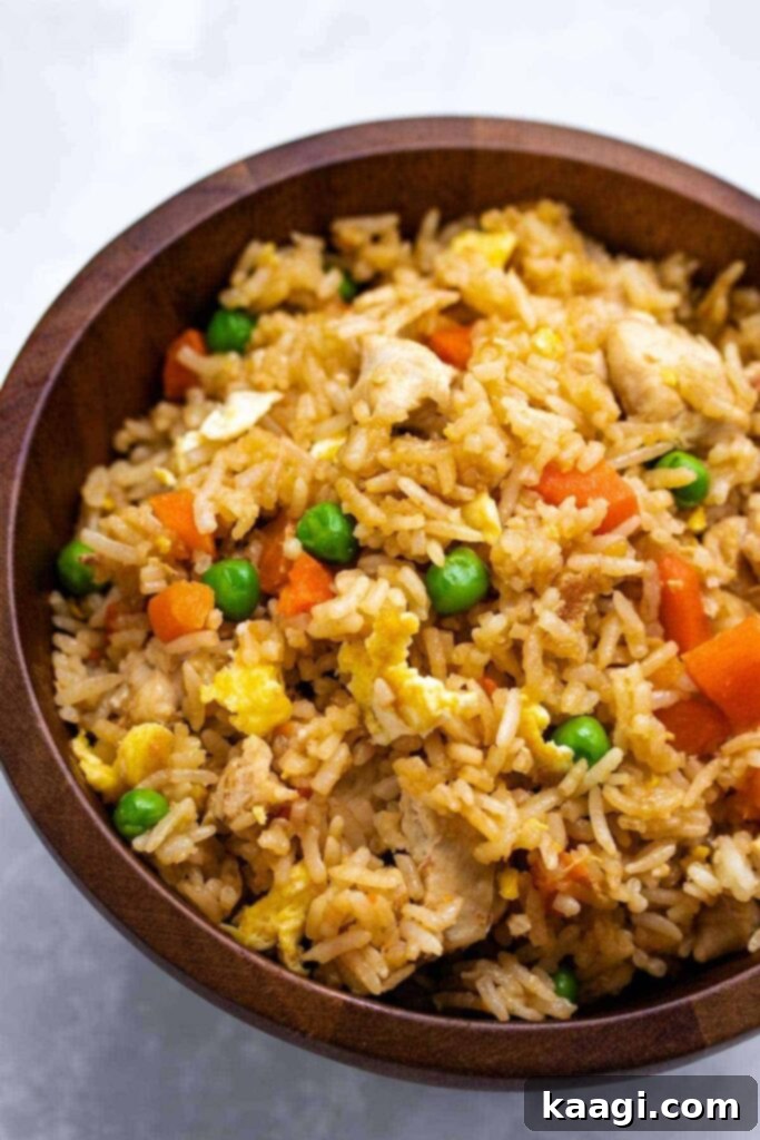 An overhead close-up of a hearty bowl filled with savory Instant Pot Chicken Fried Rice.