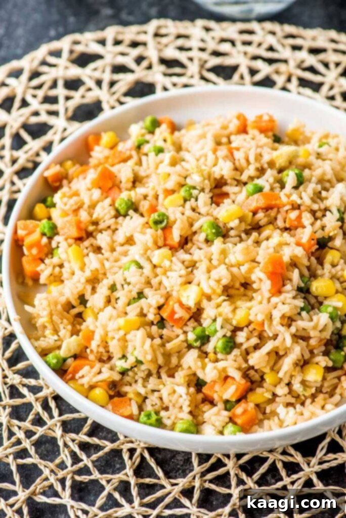 A vibrant bowl of 10-minute simple egg fried rice, loaded with colorful vegetables.