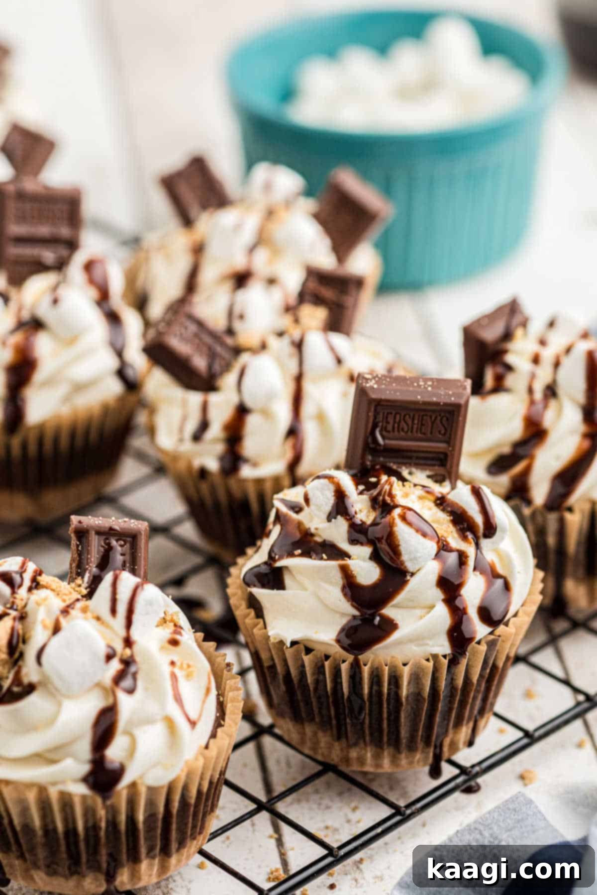 A collection of perfectly baked S'mores cupcakes with marshmallow frosting and chocolate, arranged on a cooling rack.
