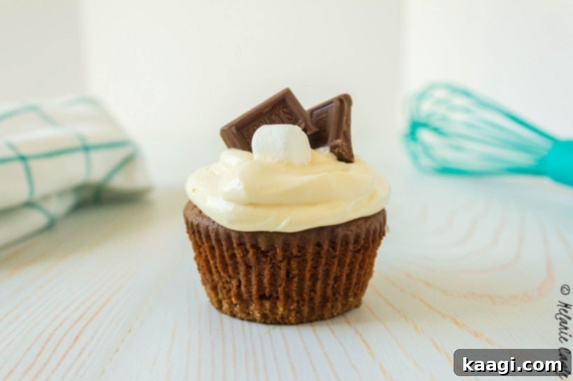 Close up of a S'mores cupcake with a perfectly toasted marshmallow and melted chocolate on top, ready to eat.