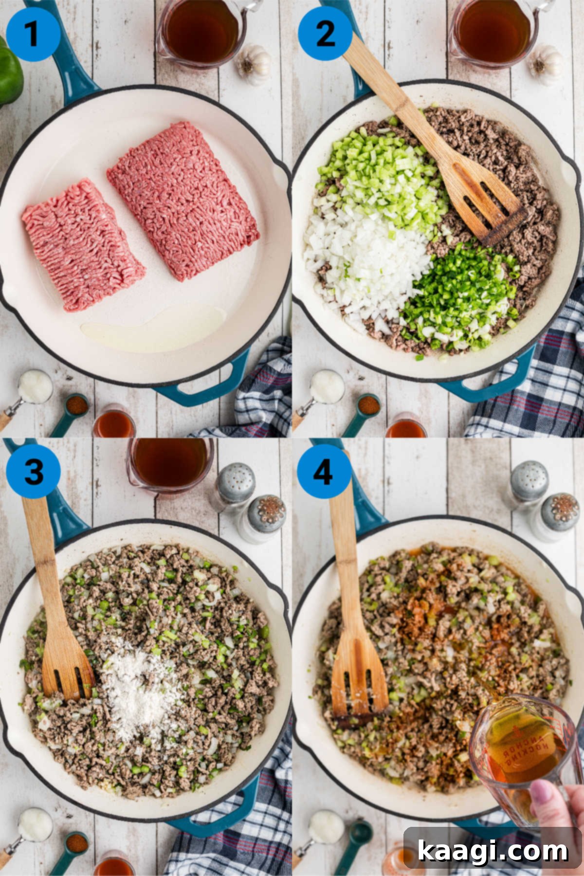 Savory Natchitoches Meat Pies A Louisiana Classic 4 A collage of four images showing the initial steps to make Natchitoches Meat Pies, focusing on preparing the meat filling.