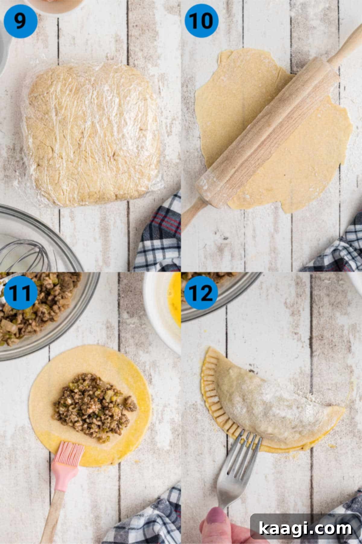 Savory Natchitoches Meat Pies A Louisiana Classic 6 A collage of four images showing steps 9-12 of assembling and sealing Natchitoches Meat Pies.