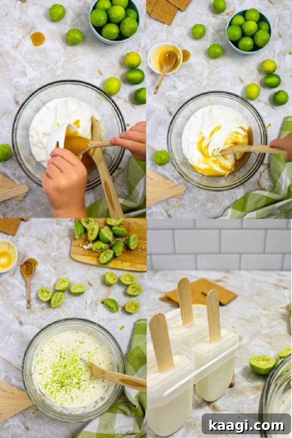 Zesty Key Lime Pops 4 Four sequential images illustrating the simple process of making Key Lime Pie Popsicles, from mixing to molding.