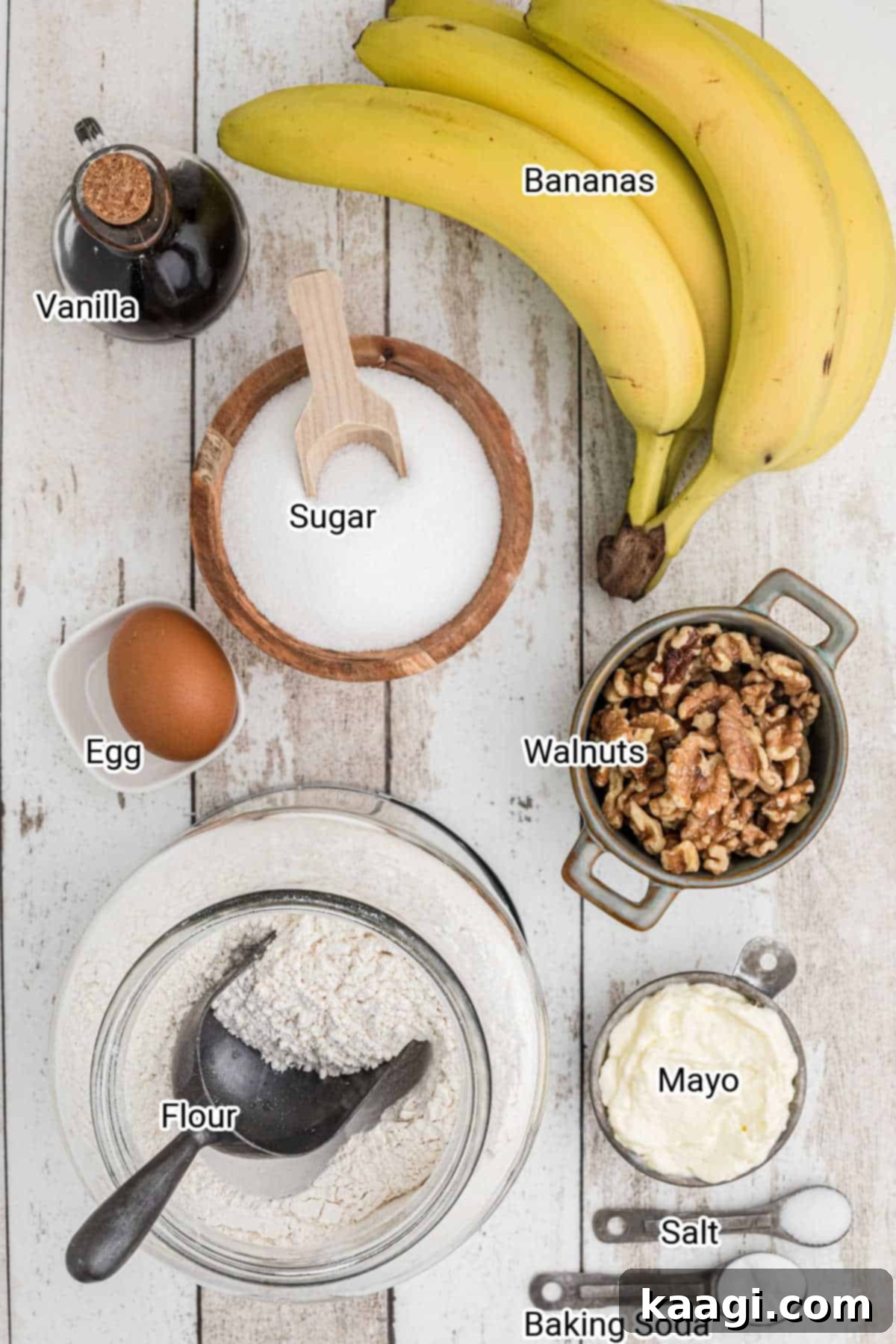 Mayo Magic Banana Bread 3 ingredients laid out to make a banana bread with mayo - with the text name next to them